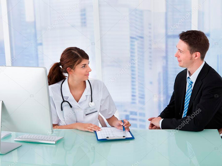 Depositphotos 48490955 Stock Photo Doctor Showing Report To Businessman